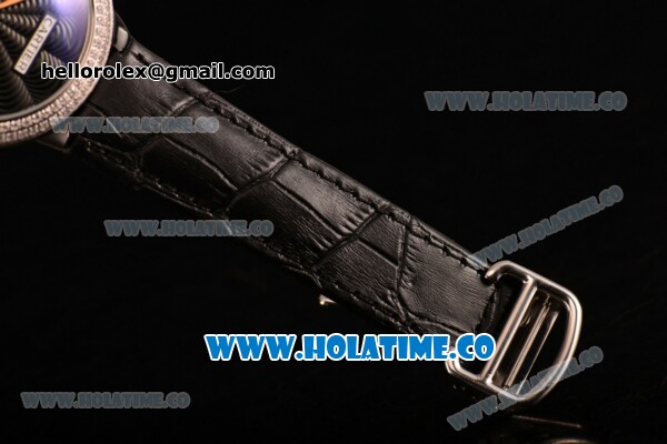 Cartier Rotonde De Swiss Quartz Steel Case with Black Guilloche Dial Diamonds Bezel and Black Leather Strap - Click Image to Close