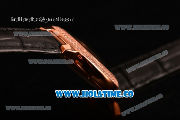 Cartier Rotonde De Swiss Quartz Rose Gold Case with Black Guilloche Dial Diamonds Bezel and Black Leather Strap - Click Image to Close