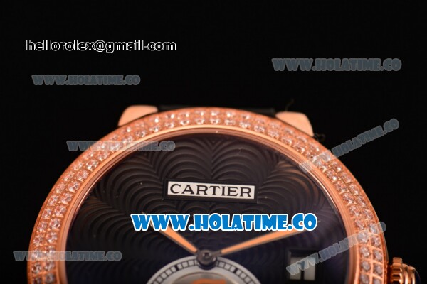 Cartier Rotonde De Swiss Quartz Rose Gold Case with Black Guilloche Dial Diamonds Bezel and Black Leather Strap - Click Image to Close