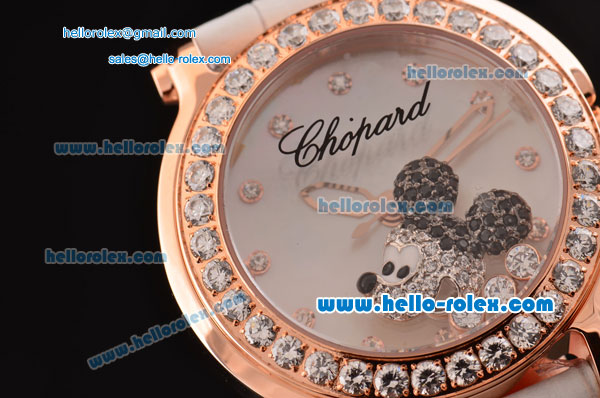 Chopard Happy Sport - Mickey Swiss Quartz Rose Gold Case Diamond Bezel with White Leather Strap and White MOP Dial - Click Image to Close