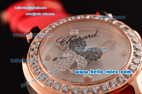 Chopard Happy Sport - Mickey Swiss Quartz Rose Gold Case Diamond Bezel with Red Leather Strap and White MOP Dial - Click Image to Close