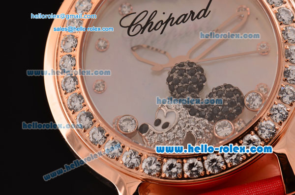 Chopard Happy Sport - Mickey Swiss Quartz Rose Gold Case Diamond Bezel with Red Leather Strap and White MOP Dial - Click Image to Close