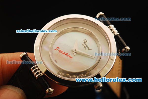Chopard Happy Sport Swiss Quartz Movement Silver Case with White MOP Dial and Black Leather Strap - Click Image to Close