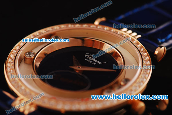 Chopard Swiss ETA Quartz Rose Gold Case with Diamond Bezel and Blue Leather Strap - Click Image to Close