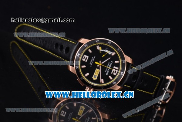 Chopard Mille Miglia GTS Power Control Miyota OS2035 Quartz Rose Gold Case Black Dial Black Leather Strap and Yellow Second Hand - Click Image to Close