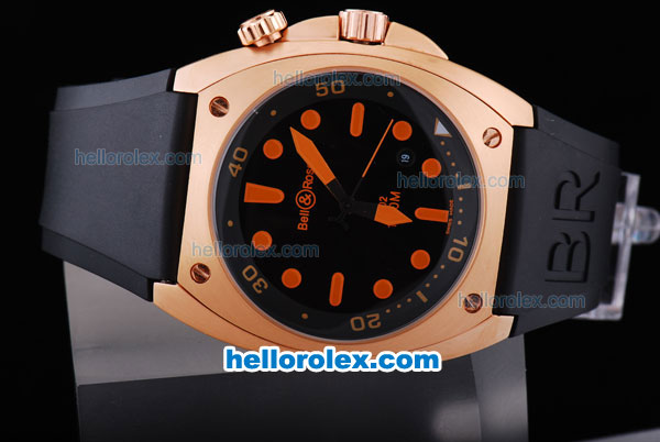 Bell & Ross BR 02 Instrument Diver Asia ETA 2892 Automatic Movement with Black Dial-Rubber Strap and Orange Marking Gold Case - Click Image to Close