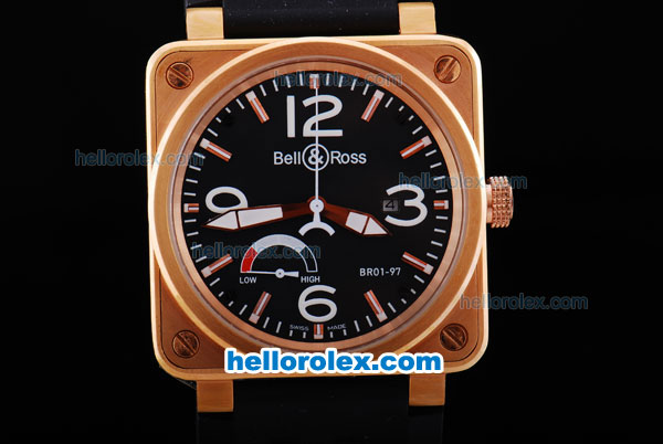 Bell & Ross BR 01-97 Asia ETA 2892 Movement Working Power Reserve Black Dial-Gold Case with Rubber Strap - Click Image to Close