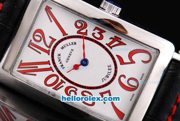 Franck Muller Geneve Long Island Quartz Silver Case with White Dial and Black Leather Starp-Red Marking - Click Image to Close