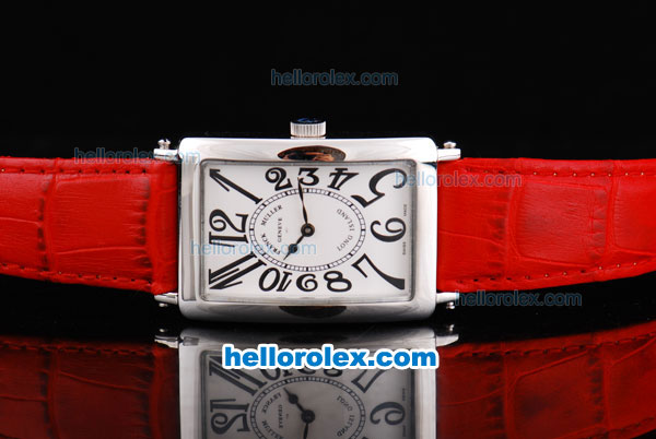 Franck Muller Geneve Long Island Quartz Silver Case with White Dial and Red Leather Strap - Click Image to Close