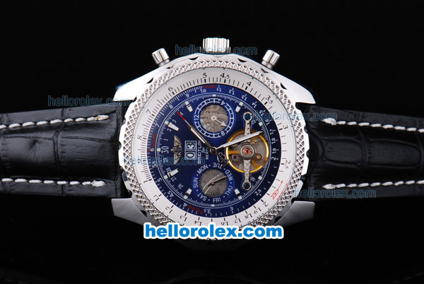 Breitling Bentley Tourbillon Automatic Silver Case with Blue Dial and Black Leather Strap - Click Image to Close