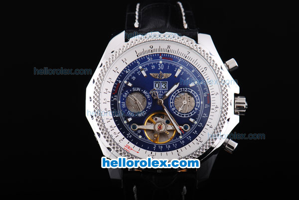 Breitling Bentley Tourbillon Automatic Silver Case with Blue Dial and Black Leather Strap - Click Image to Close