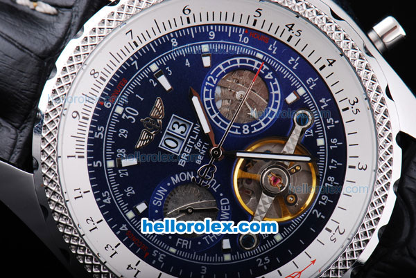 Breitling Bentley Tourbillon Automatic Silver Case with Blue Dial and Black Leather Strap - Click Image to Close