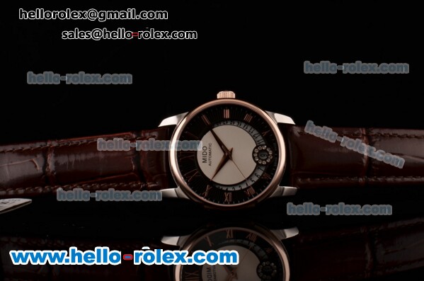 Mido Baroncelli II Swiss ETA 2824 Automatic Two Tone Case with Brown Leather Strap and Black Dial - Click Image to Close