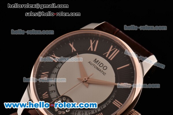 Mido Baroncelli II Swiss ETA 2824 Automatic Two Tone Case with Brown Leather Strap and Black Dial - Click Image to Close