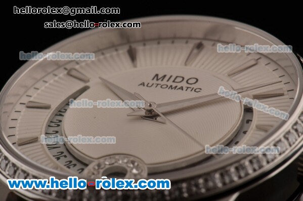 Mido Baroncelli II Swiss ETA 2824 Automatic Steel Case with Diamond Bezel White Leather Strap and White Dial - Click Image to Close