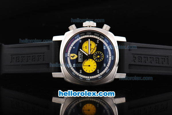 Ferrari Chronograph Automatic Movement Black Dial with White Numeral Marker and Yellow Subdials-Black Rubber Strap - Click Image to Close