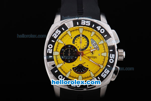 Ferrari Working Chronograph with Black Graduated Bezel and Yellow Dial-Small Calendar and Rubber Strap - Click Image to Close