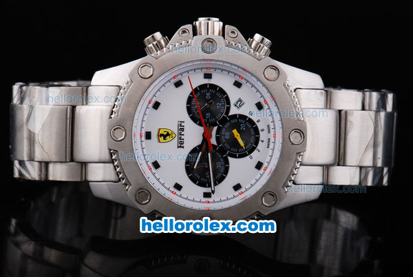 Ferrari Working Chronograph Full Stainless Steel Case with White Bezel and White Dial-Small Calendar and Stainless Steel Strap - Click Image to Close