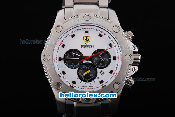 Ferrari Working Chronograph Full Stainless Steel Case with White Bezel and White Dial-Small Calendar and Stainless Steel Strap - Click Image to Close