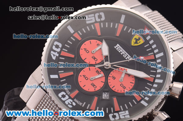 Ferrari Chronograph Miyota Quartz Full Steel with Black Dial and Three Orange Subdials - Click Image to Close