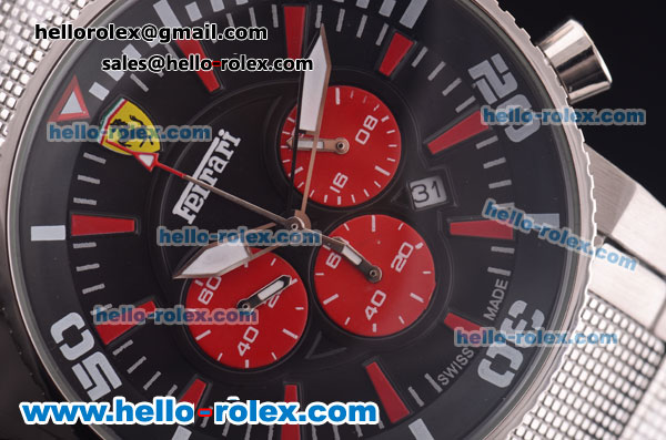Ferrari Chronograph Miyota Quartz Full Steel with Black Dial and Three Red Subdials - Click Image to Close