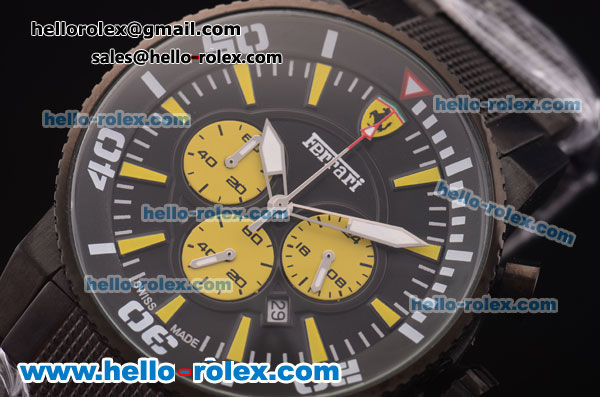 Ferrari Chronograph Miyota Quartz Full PVD with Black Dial and Three Yellow Subdials - Click Image to Close