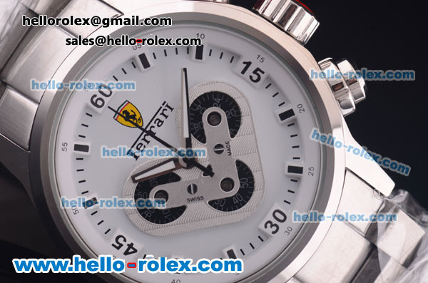 Ferrari Chronograph Miyota Quartz Full Steel with White Dial and Black Markers - Click Image to Close