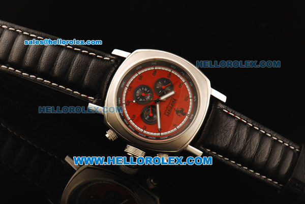Ferrari Chronograph Automatic Movement Steel Case with Red Dial and Black Leather Strap - Click Image to Close