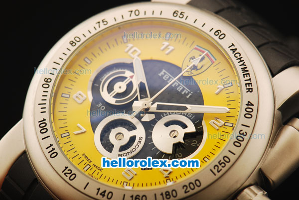 Ferrari Chronograph Quartz Movement Steel Case with Yellow/Black Dial and Black Rubber Strap-7750 Coating Case - Click Image to Close