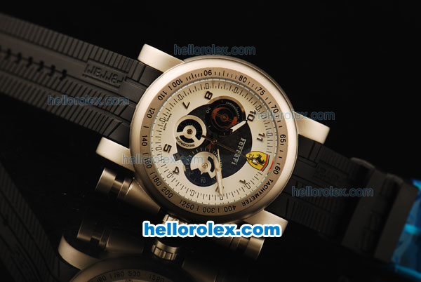 Ferrari Chronograph Quartz Movement Steel Case with Black/White Dial and Black Rubber Strap-7750 Coating - Click Image to Close