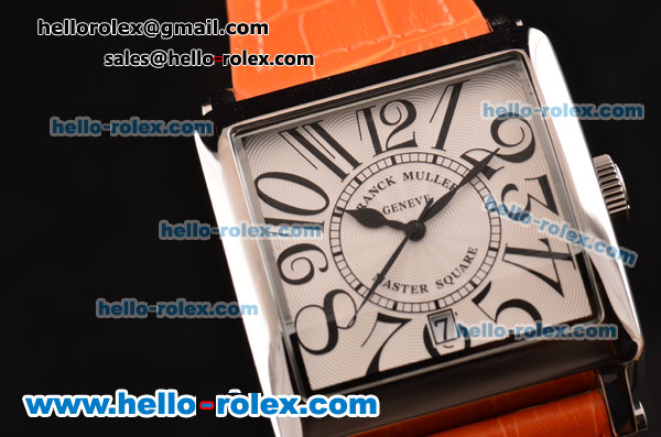 Franck Muller Master Square Swiss Quartz Steel Case with White Dial Numeral Marekrs and Orange Leather Strap - Click Image to Close