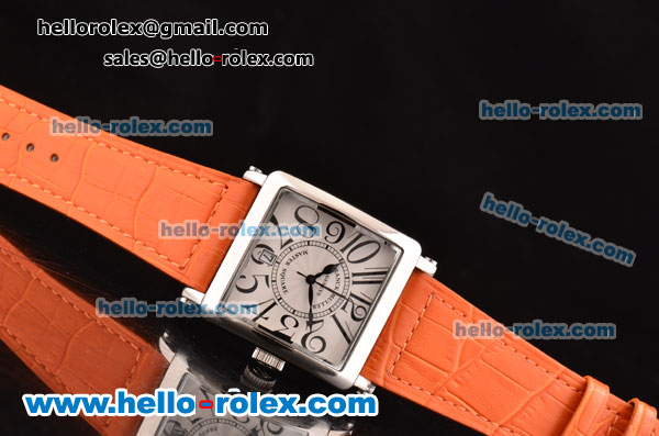 Franck Muller Master Square Swiss Quartz Steel Case with White Dial Numeral Marekrs and Orange Leather Strap - Click Image to Close