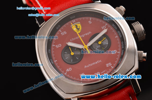 Ferrari & Panerai Chronograph Automatic with Red Dial and White Bezel-Red Leather Strap - Click Image to Close