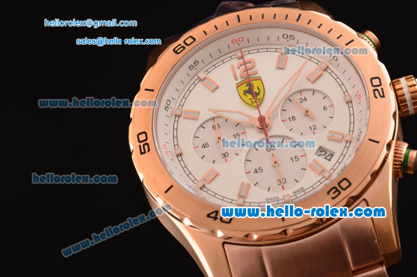 Ferrari Chronograph Miyota OS20 Quartz Rose Gold Case with Stick Markers White Dial and Rose Gold Strap - Click Image to Close