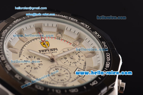 Ferrari Chrono Miyota OS20 Quartz Steel Case PVD Bezel with Steel Strap and White Dial - Click Image to Close