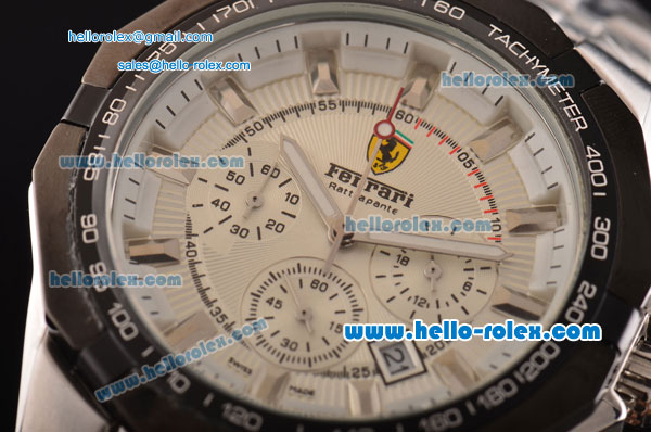 Ferrari Chrono Miyota OS20 Quartz Steel Case PVD Bezel with Steel Strap and White Dial - Click Image to Close