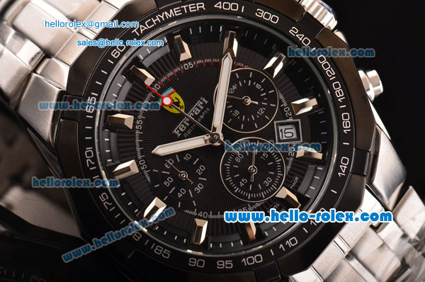 Ferrari Chrono Miyota OS20 Quartz Steel Case PVD Bezel with Steel Strap and Black Dial Stick Markers - Click Image to Close