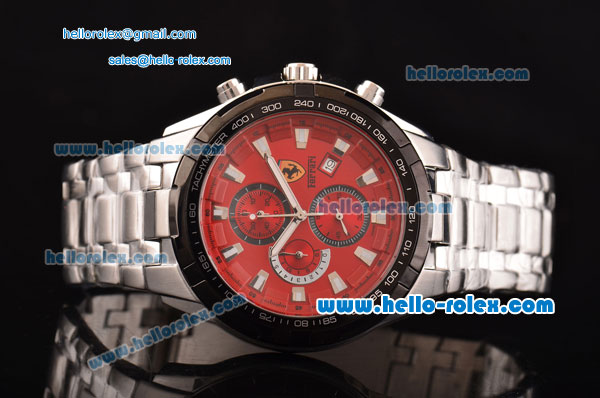 Ferrari Chrono Miyota OS20 Quartz Steel Case PVD Bezel with Steel Strap and Red Dial Stick Markers - Click Image to Close