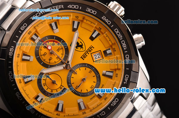 Ferrari Chrono Miyota OS20 Quartz Steel Case PVD Bezel with Steel Strap and Yellow Dial Stick Markers - Click Image to Close