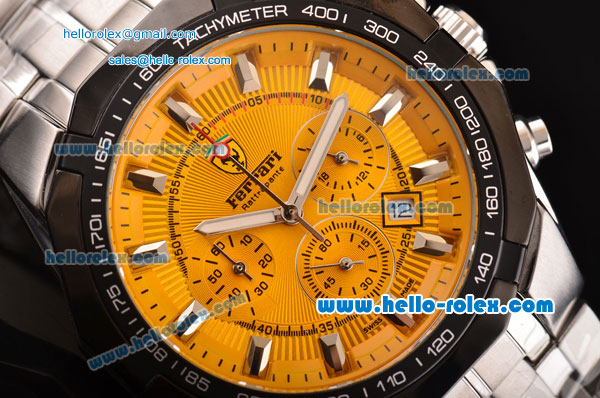 Ferrari Chrono Miyota OS20 Quartz Steel Case PVD Bezel with Steel Strap and Yellow Dial Stick Markers Three Subdials - Click Image to Close