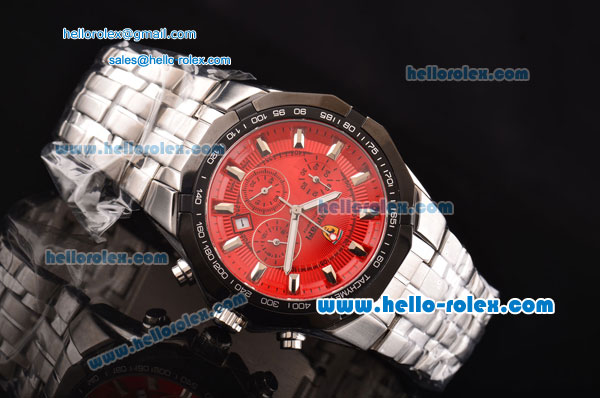 Ferrari Chrono Miyota OS20 Quartz Steel Case PVD Bezel with Steel Strap and Red Dial Stick Markers Three Subdials - Click Image to Close