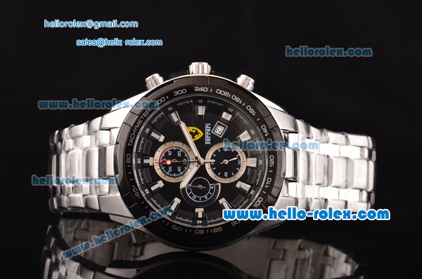 Ferrari Chrono Miyota OS10 Quartz Steel Case PVD Bezel with Steel Strap and Black Dial Stick Markers Three Subdials - Click Image to Close