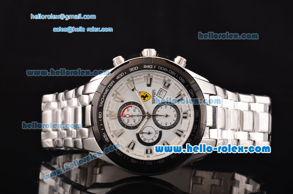 Ferrari Chrono Miyota OS20 Quartz Steel Case PVD Bezel with Steel Strap and White Dial Stick Markers Three Subdials - Click Image to Close