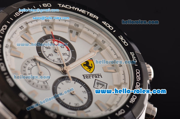 Ferrari Chrono Miyota OS20 Quartz Steel Case PVD Bezel with Steel Strap and White Dial Stick Markers Three Subdials - Click Image to Close