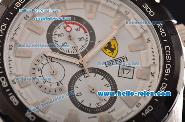 Ferrari Chrono Miyota OS20 Quartz Steel Case PVD Bezel with Steel Strap and White Dial Stick Markers Three Subdials - Click Image to Close