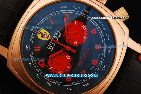 Ferrari Chronograph Miyota Quartz Movement Rose Gold Case with Red Arabic Numerals - Two Red Subdials and Black Leather Strap - Click Image to Close