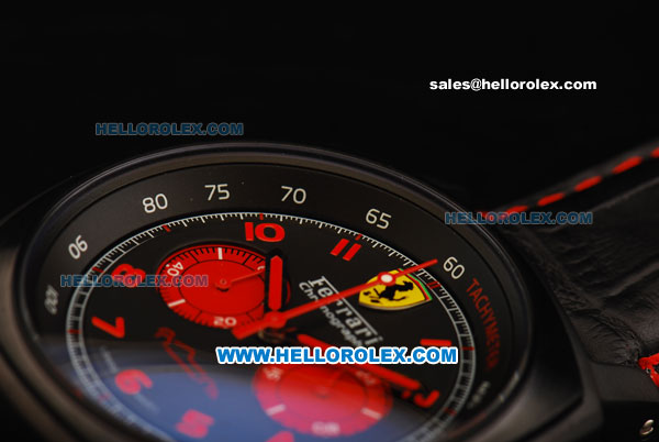 Ferrari Chronograph Miyota Quartz Movement PVD Case with Red Arabic Numerals and Black Dial - Black Leather Strap - Click Image to Close