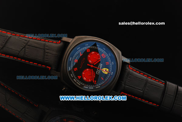 Ferrari Chronograph Miyota Quartz Movement PVD Case with Red Arabic Numerals and Black Dial - Black Leather Strap - Click Image to Close