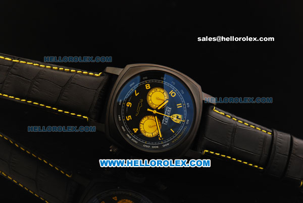 Ferrari Chronograph Miyota Quartz Movement PVD Case with Yellow Arabic Numerals Black Dial and Two Yellow Subdials - Black Leather Strap - Click Image to Close