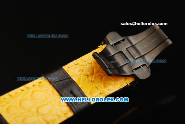 Ferrari Chronograph Miyota Quartz Movement PVD Case with Yellow Arabic Numerals Black Dial and Two Yellow Subdials - Black Leather Strap - Click Image to Close